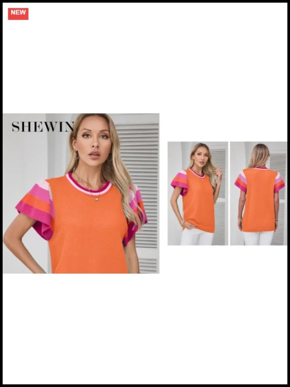 Women's Color Block Knit Pullover Sweater Short Sleeve Crewneck Lightweight